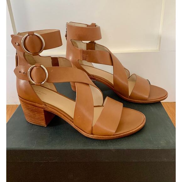 Rag & Bone Mari Tan Size 11 Leather Back Zip Block Heel Side Rings Open Toe - Picture 1 of 5